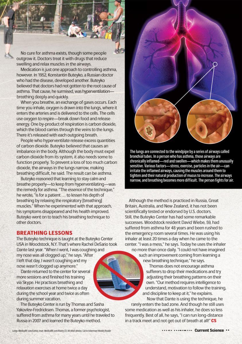 Two-page asthma article with lungs illustration