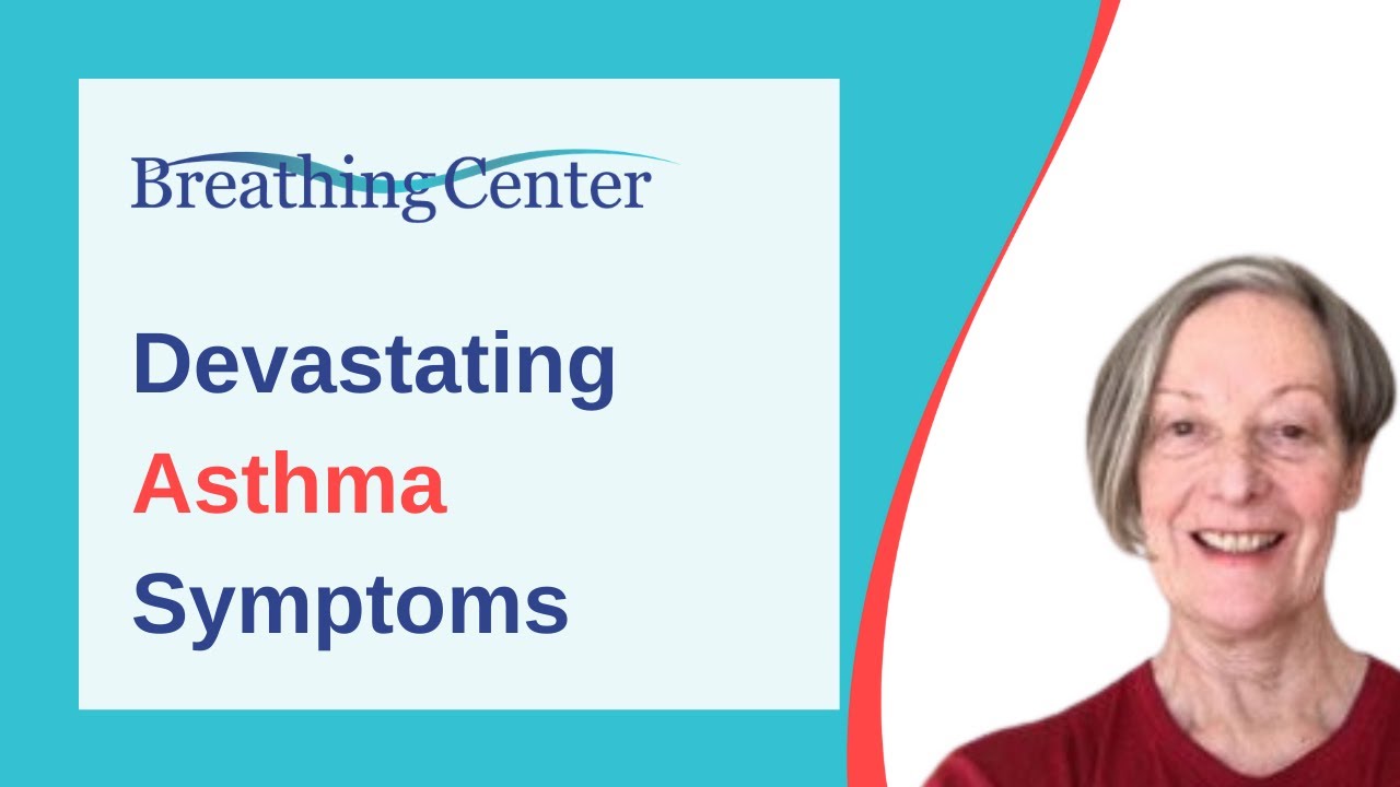 Smiling older woman next to asthma banner