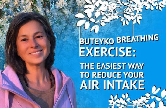 Smiling woman with Buteyko breathing exercise text