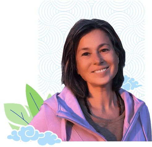 Smiling woman in pink hoodie, decorative background