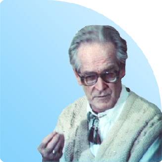 Elderly man with glasses wearing cardigan, blue background