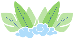Stylized green leaves with blue clouds