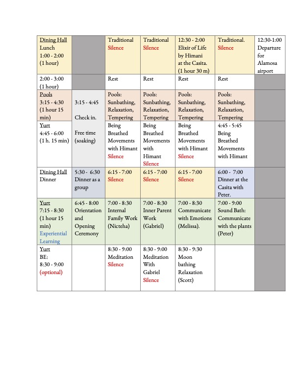 Daily retreat schedule table with activities