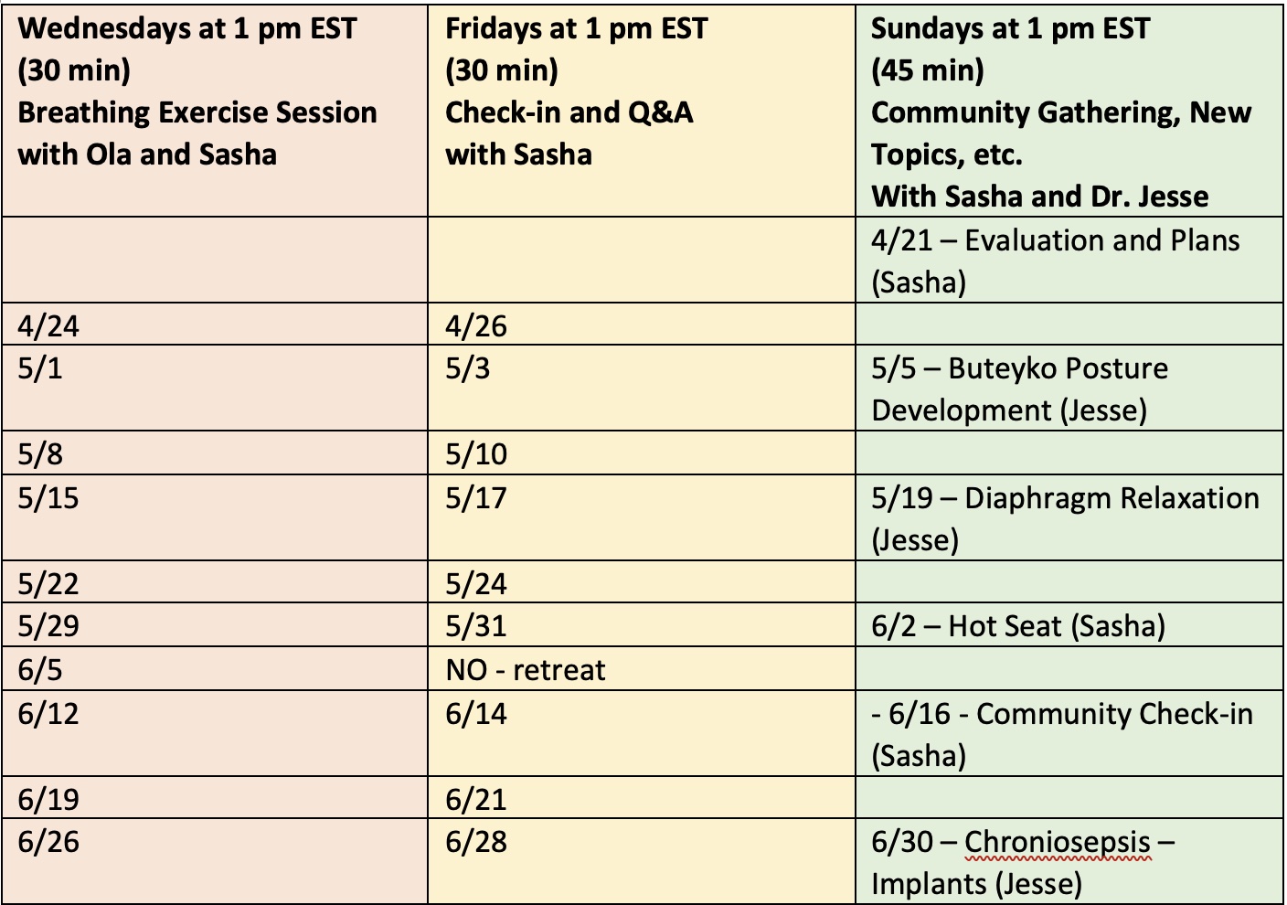 Weekly breathing and community sessions schedule