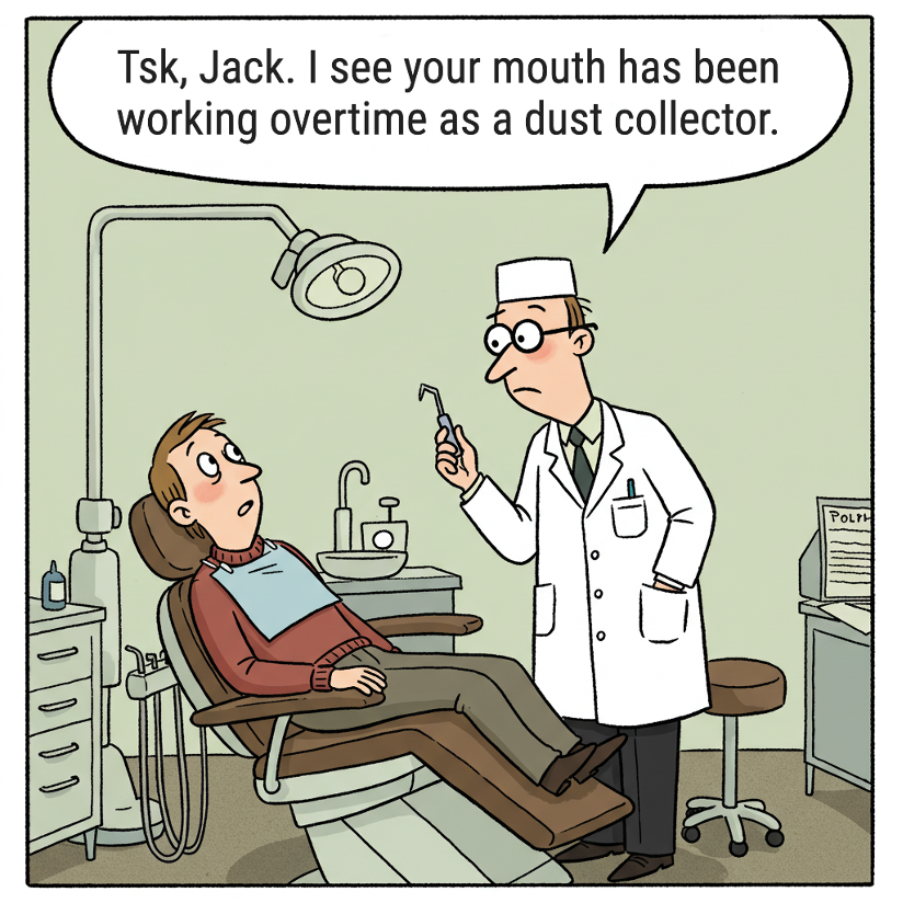 A cartoon depicting a dentist pointing accusingly at a patient, highlighting the patient's open mouth and symbolizing the connection between mouth breathing and dental problems.