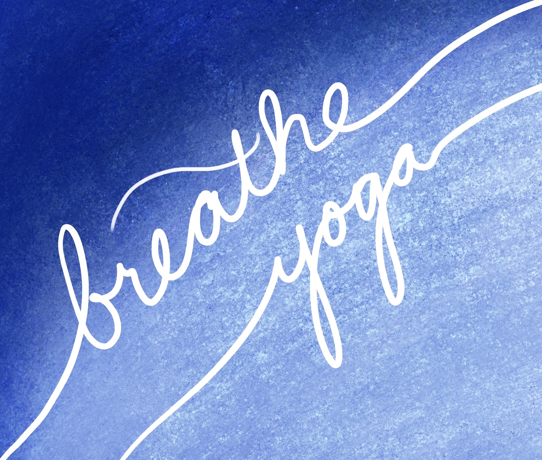 White script "breathe yoga" on blue watercolor